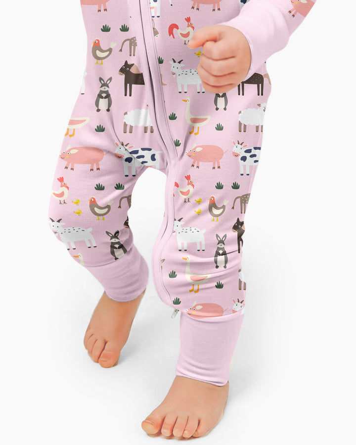 Pink Farm Animals Bamboo Convertible Zippered Romper