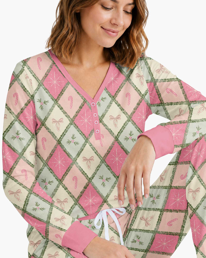 Pink Christmas Patchwork Mommy & Me Matching Bamboo Women Pajama Set
