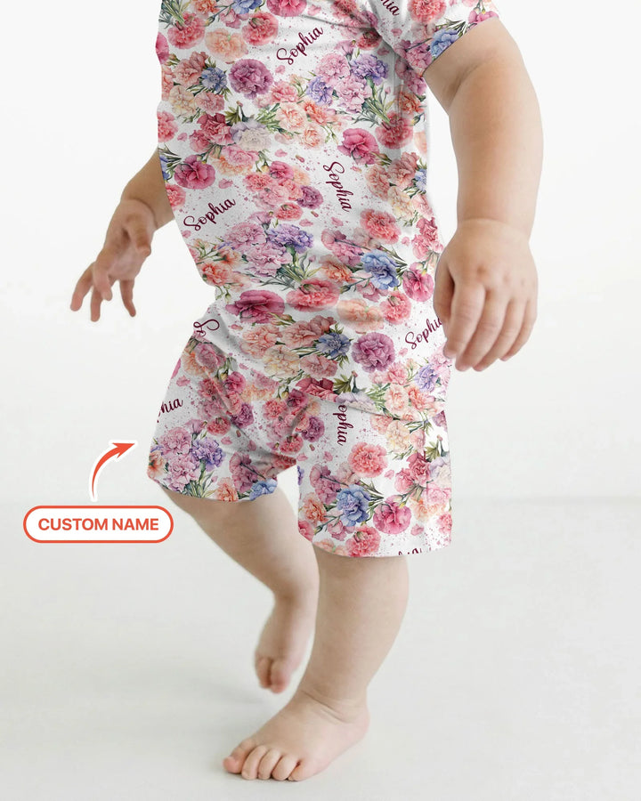 Custom Name Birth Month Flowers Bamboo Two Piece Short Sleeve Shorts Pajama Set