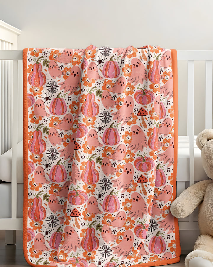 Pink Ghost Pumpkin Fall Floral Halloween Bamboo Blanket
