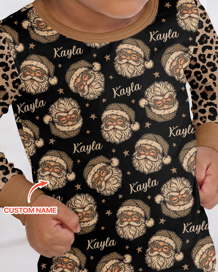Custom Name Vintage Leopard Santa Bamboo Two Piece Long Sleeve Pajama Set