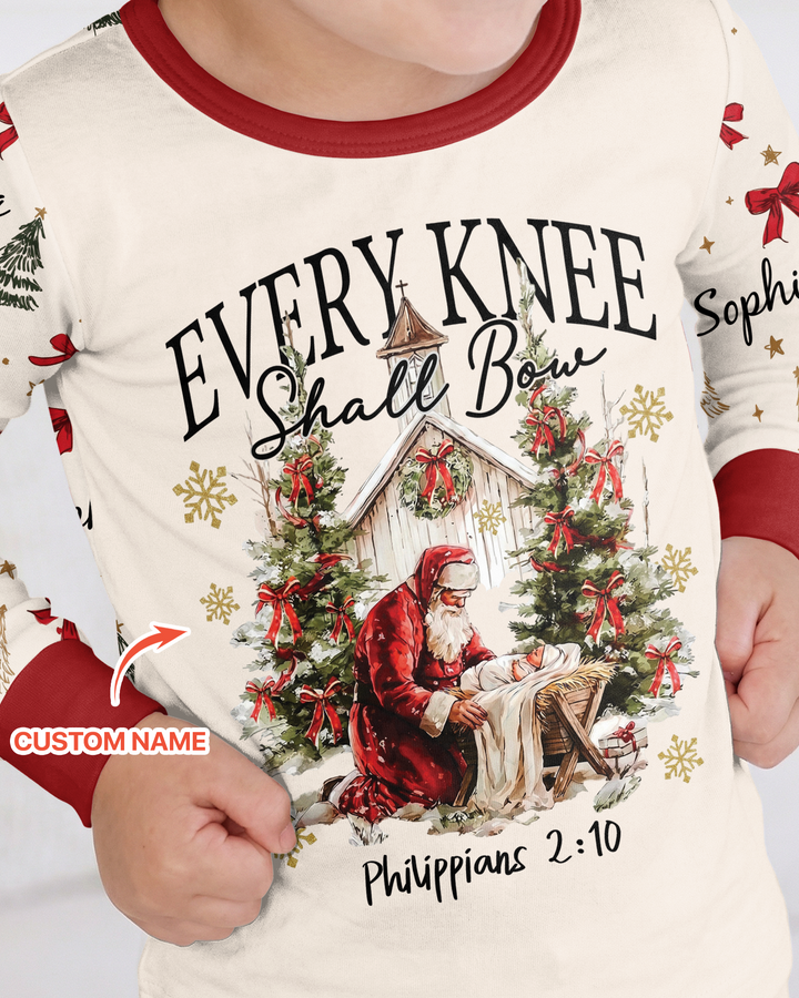 Every Knee Shall Bow Custom Name Mommy And Me Matching Bamboo Two Piece Long Sleeve Pajama Set