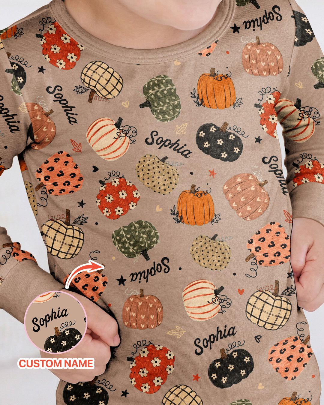 Custom Name Boho Pumpkin Bamboo Two Piece Long Sleeve Pajama Set