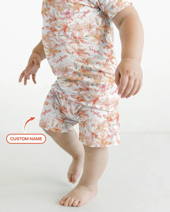 Custom Name Birth Month Flowers Bamboo Two Piece Short Sleeve Shorts Pajama Set