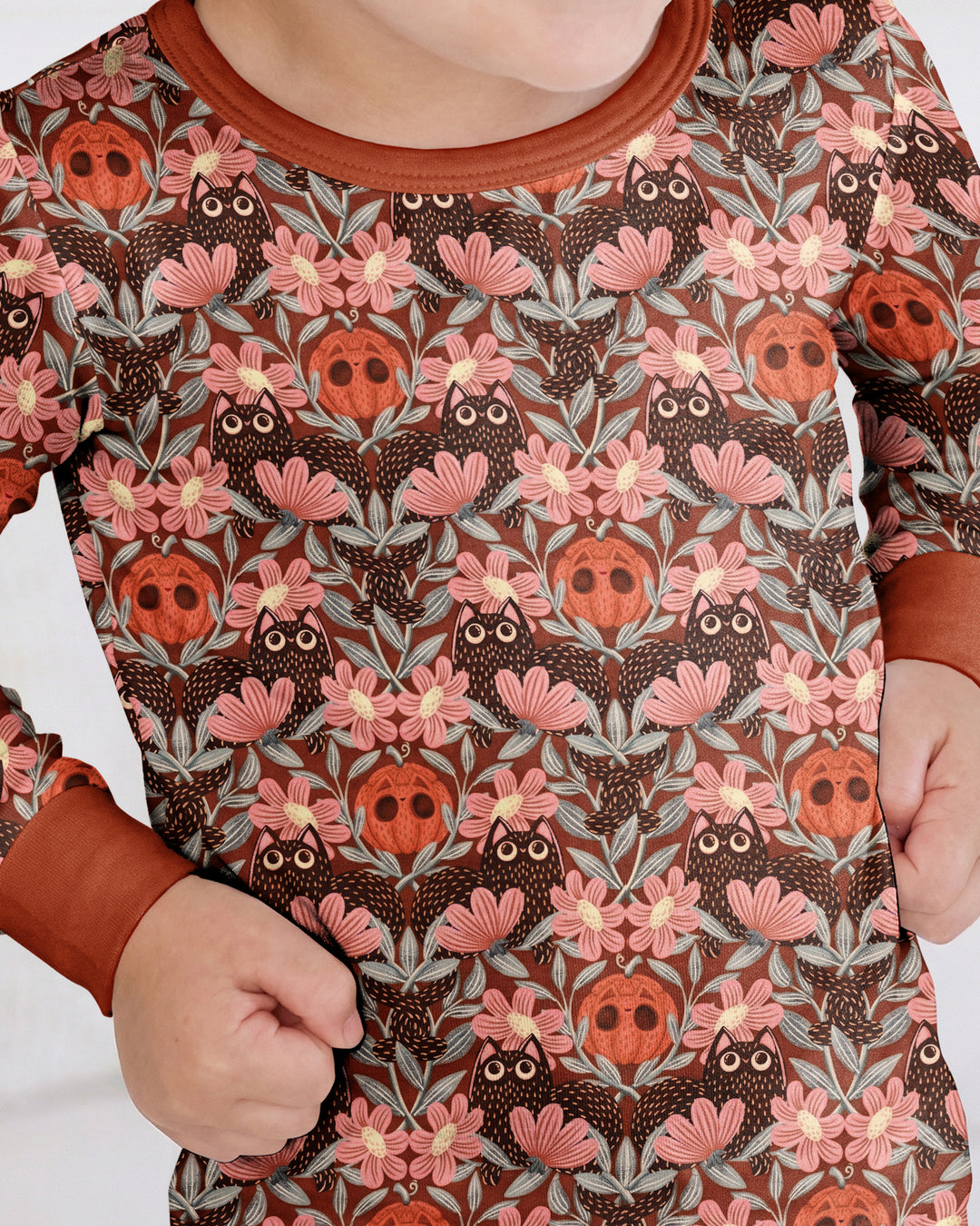 Spooky Owl Pumpkin Folk Floral Halloween Bamboo Two Piece Long Sleeve Pajama Set