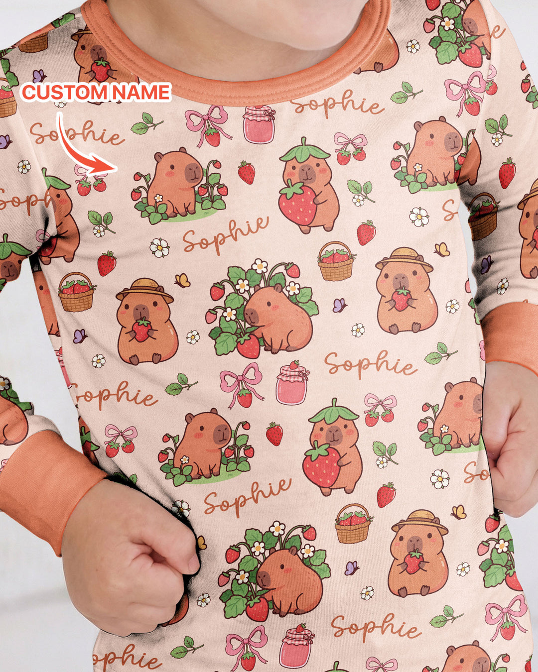 Custom Name Capybara Strawberry Bamboo Two Piece Long Sleeve Pajama Set