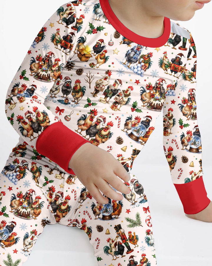 Funny Roosters On Christmas Bamboo Two Piece Long Sleeve Pajama Set