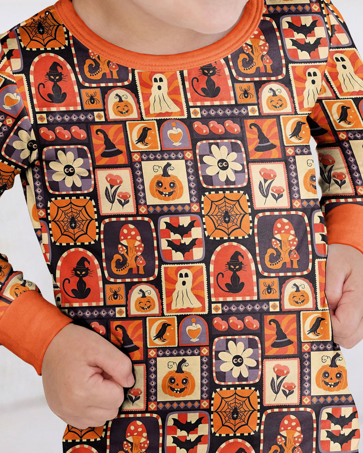 Retro Halloween Patchwork Icons Bamboo Two Piece Long Sleeve Pajama Set