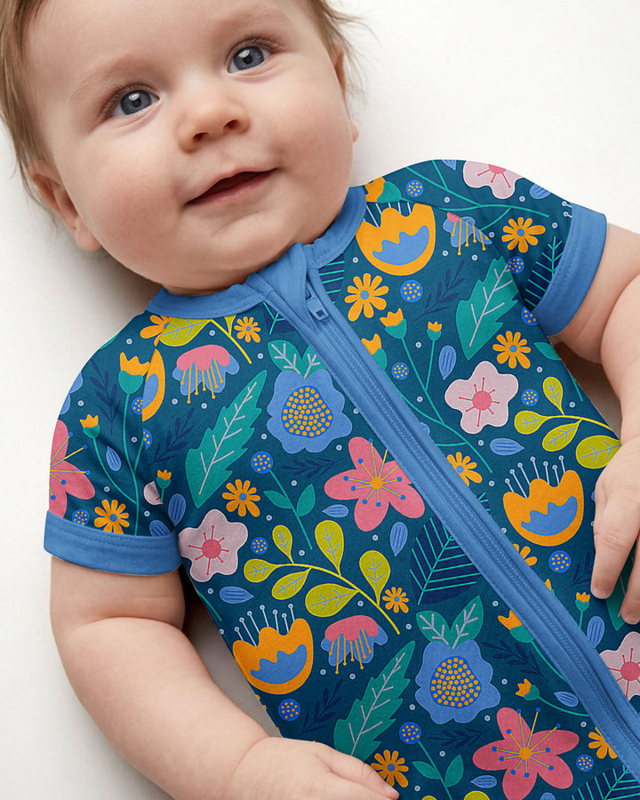 Folk Floral Bamboo Shorty Zippered Romper