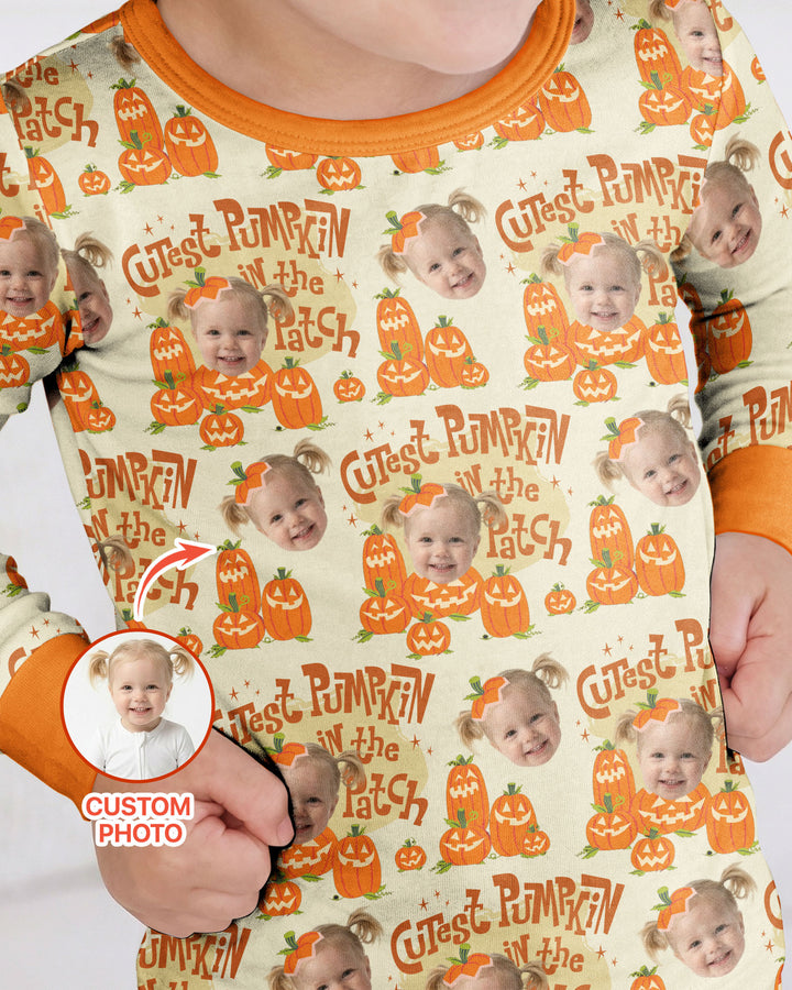 Custom Photo Cutest Pumpkin in the Patch Bamboo Two Piece Long Sleeve Pajama Set