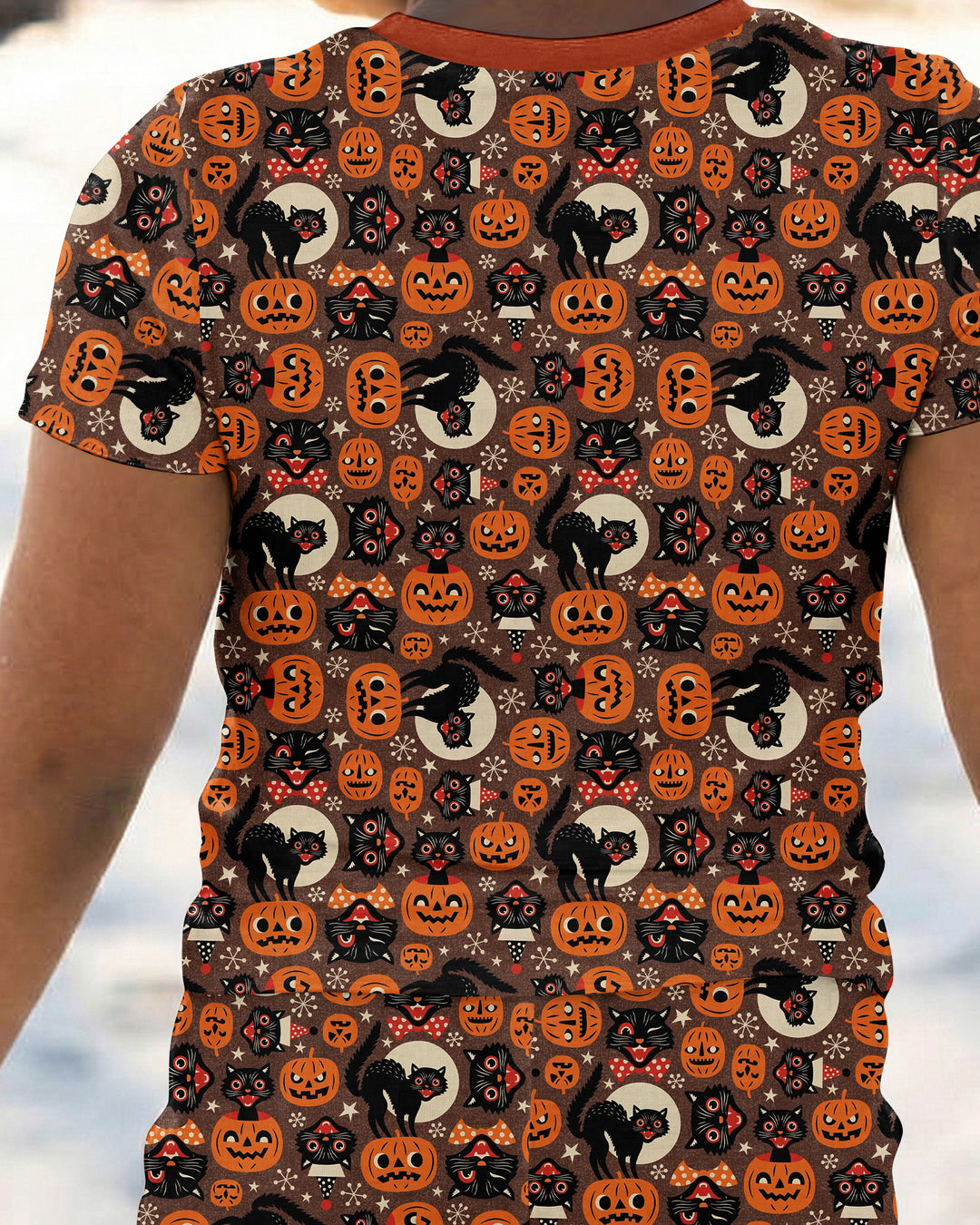 Vintage Halloween Black Cat Pumpkin Bamboo Two Piece Short Sleeve Pajama Set