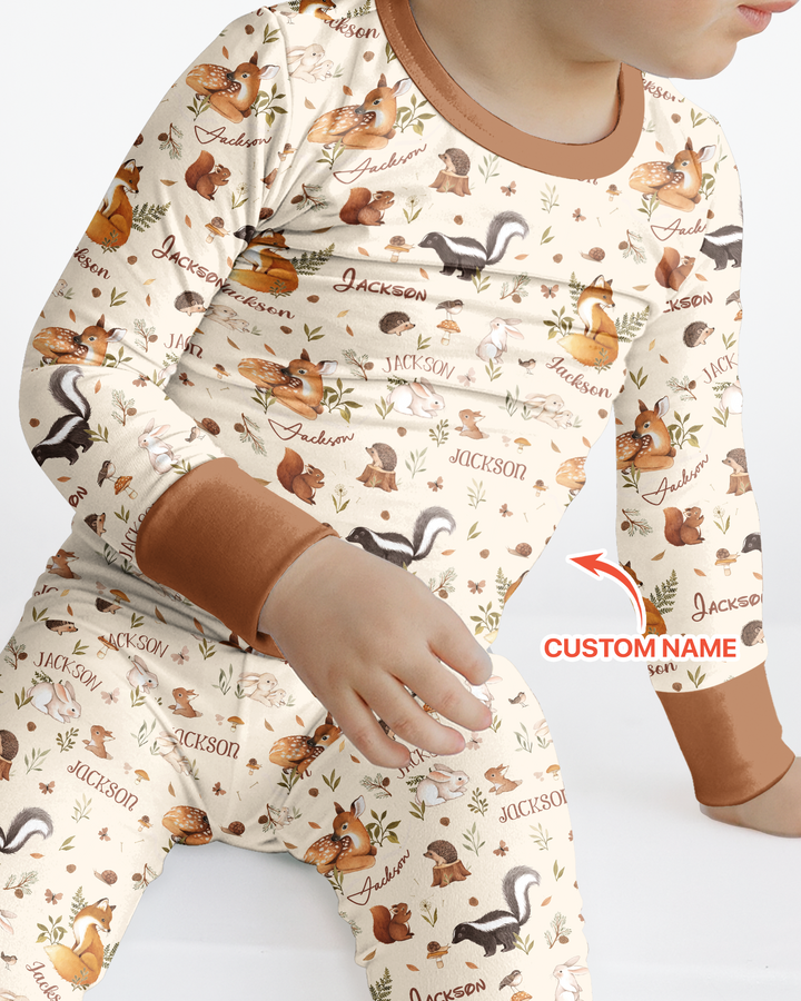 Custom Name Woodland Friends Bamboo Two Piece Long Sleeve Pajama Set