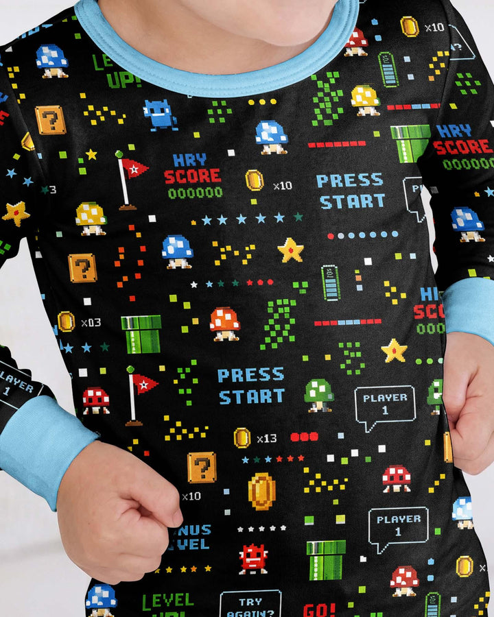 Pijama de dos piezas de manga larga de bambú con motivos de amantes de los videojuegos Pixel