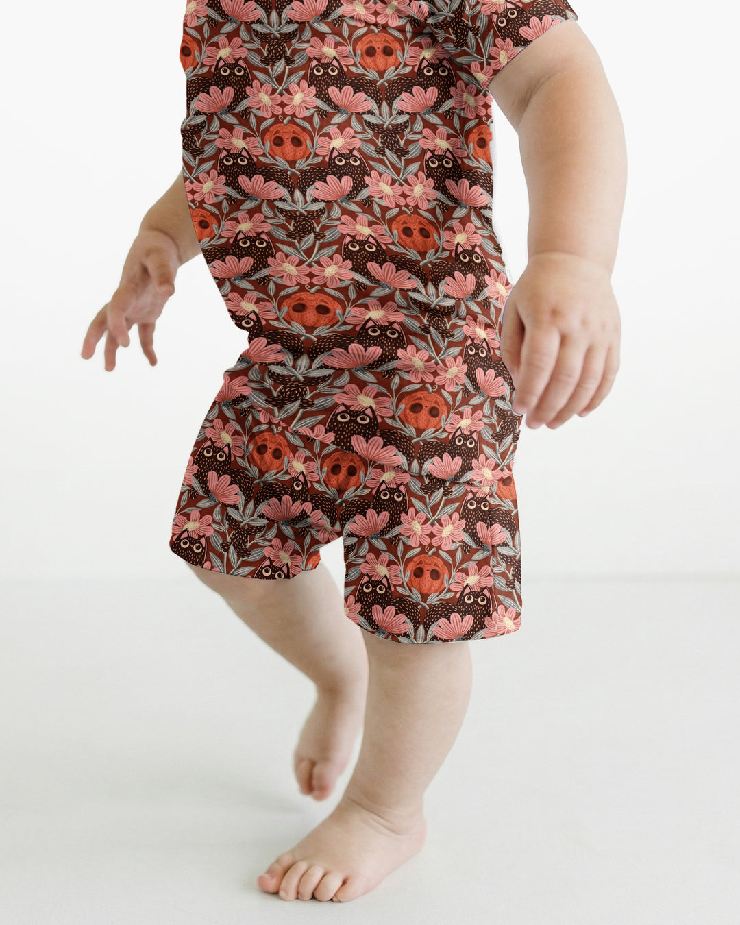 Spooky Owl Pumpkin Folk Floral Halloween Bamboo Two Piece Short Sleeve Shorts Pajama Set