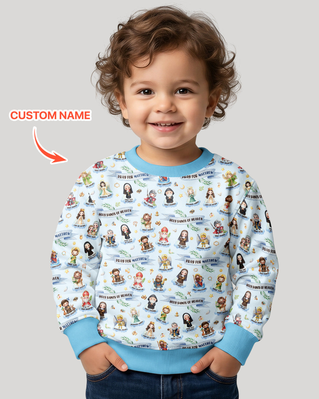 Sudadera de cuello redondo de bambú con nombre personalizado "Holy Saints of Heaven"