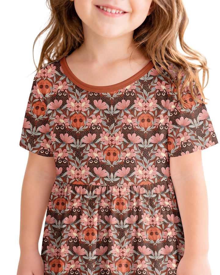 Spooky Owl Pumpkin Folk Floral Halloween Bamboo Twirl Dress