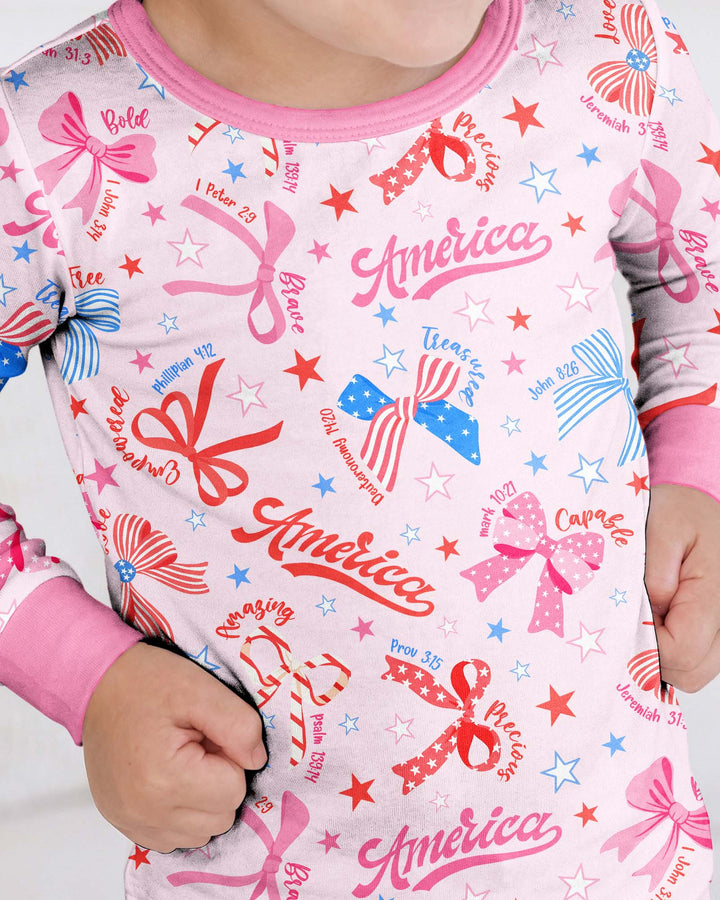Pink Girly Patriotic Bamboo Two Piece Long Sleeve Pajama Set