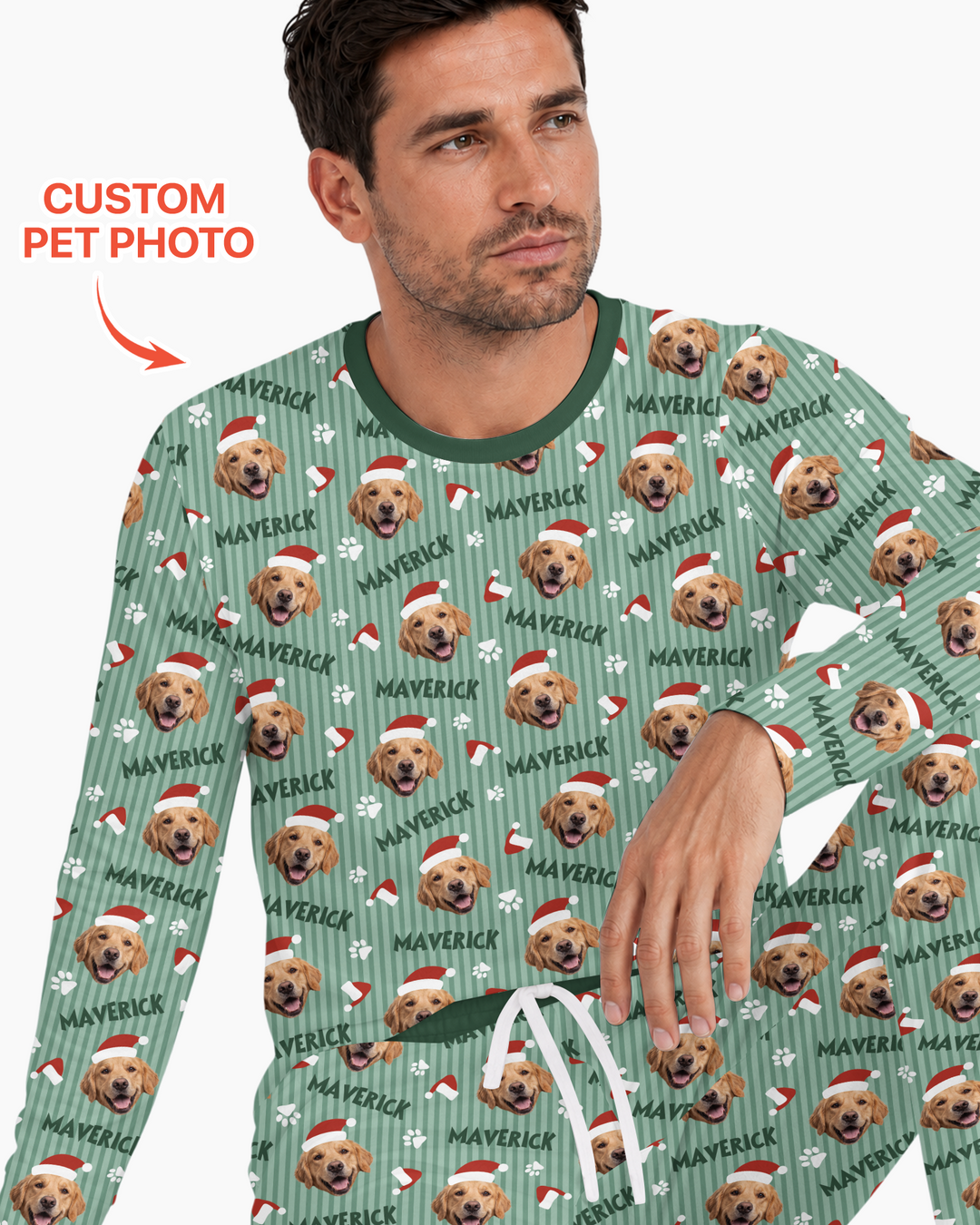 Custom Pet Photo Christmas Paws Stripe Bamboo Men's Pajama Set