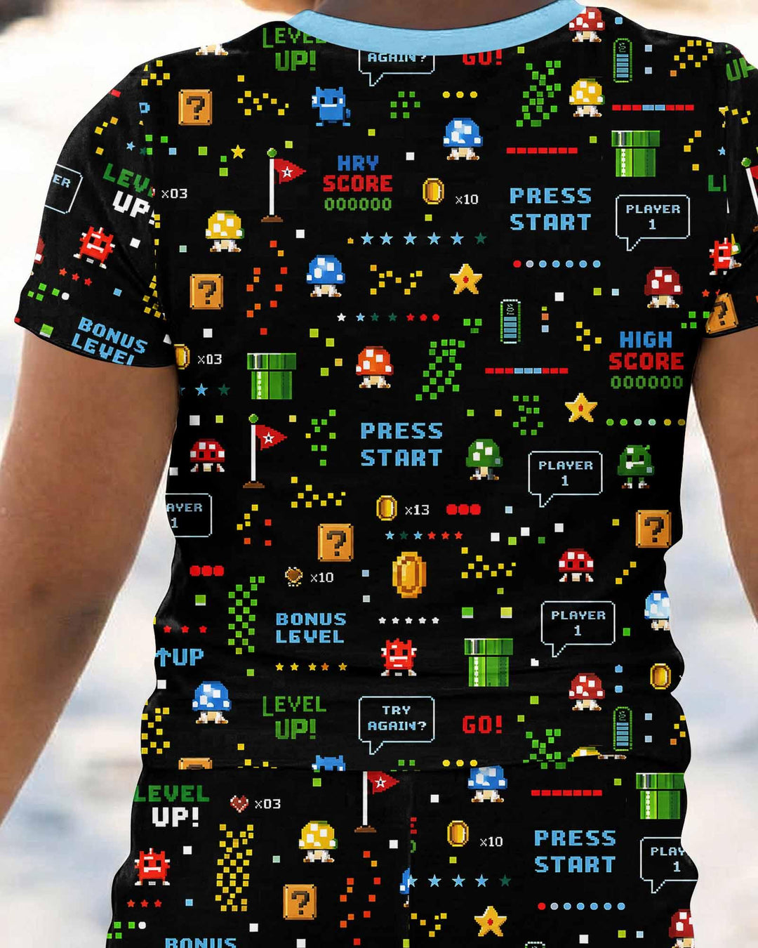 Conjunto de pijama de dos piezas de manga corta de bambú a juego para amantes de los juegos de píxeles