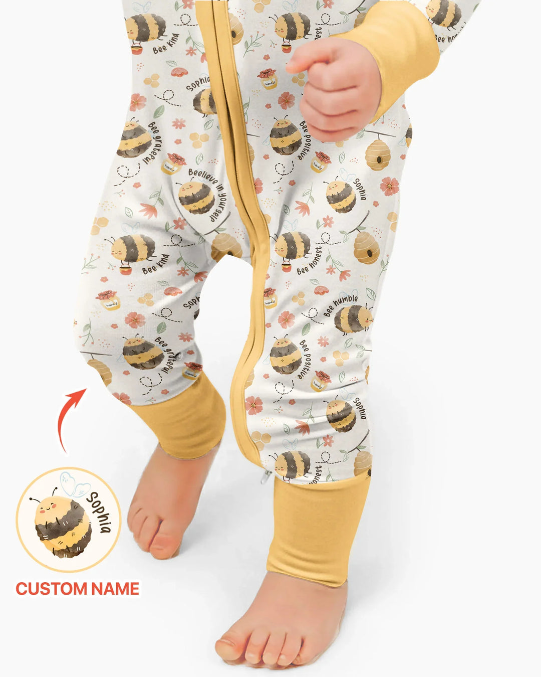 Mameluco convertible de bambú con cremallera y nombre personalizado Bee Kind