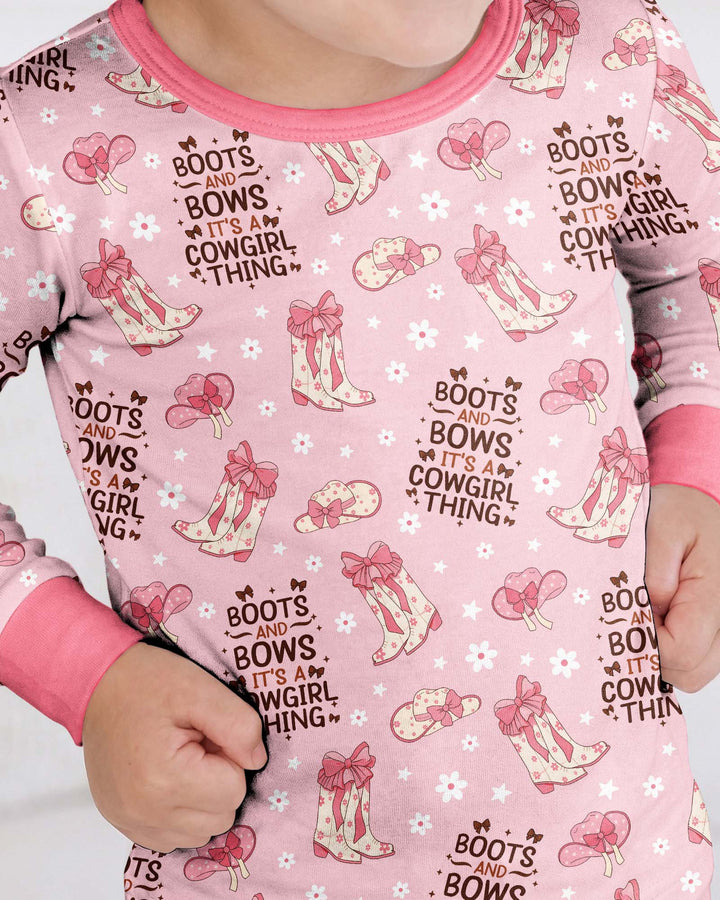 Western Cowgirl Boots And Bows Bamboo Two Piece Long Sleeve Pajama Set