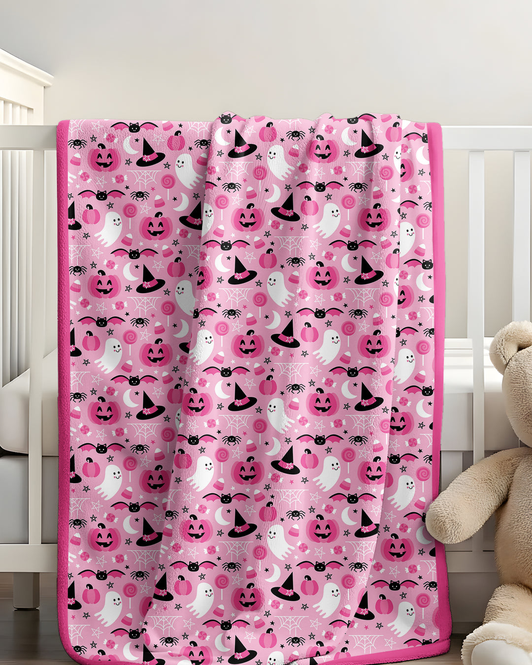 Cute Pink Halloween Ghost Pumpkin Witch Bamboo Blanket