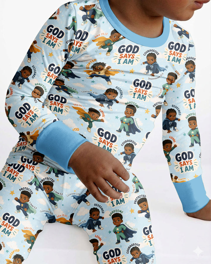 God Says I Am Black Superheroes Bamboo Two Piece Long Sleeve Pajama Set