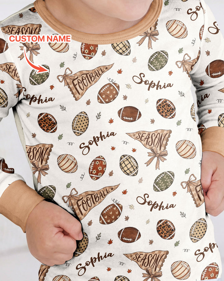 Custom Name Football Fall Season Bamboo Two Piece Long Sleeve Pajama Set