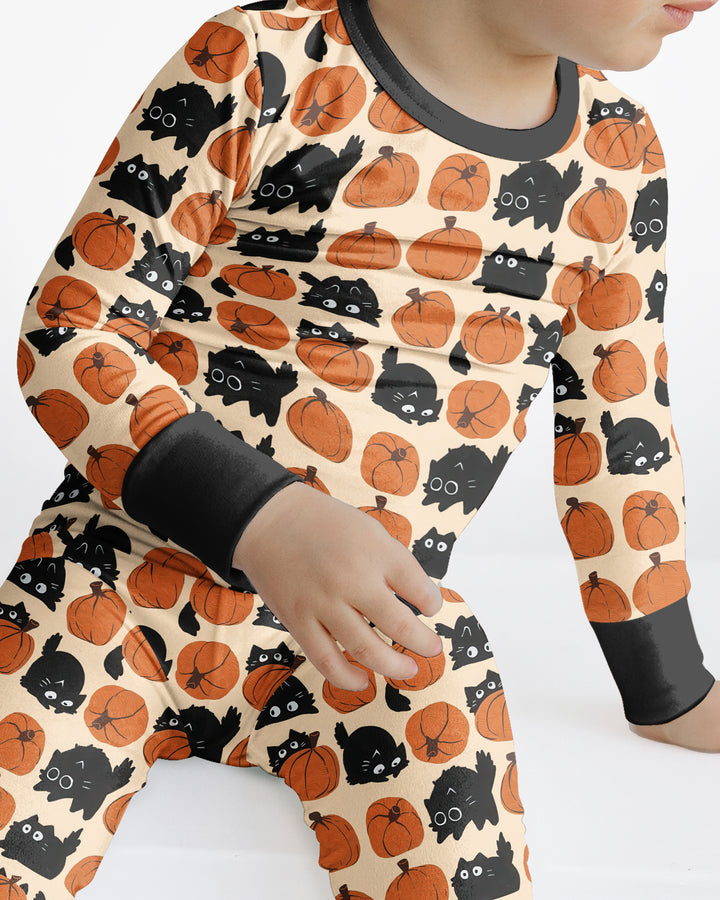 Black Cat Pumpkins Bamboo Two Piece Long Sleeve Pajama Set