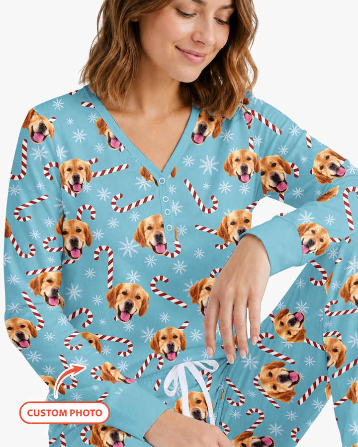 Custom Photo With Christmas Pattern Pajamas Bamboo Women Pajama Set