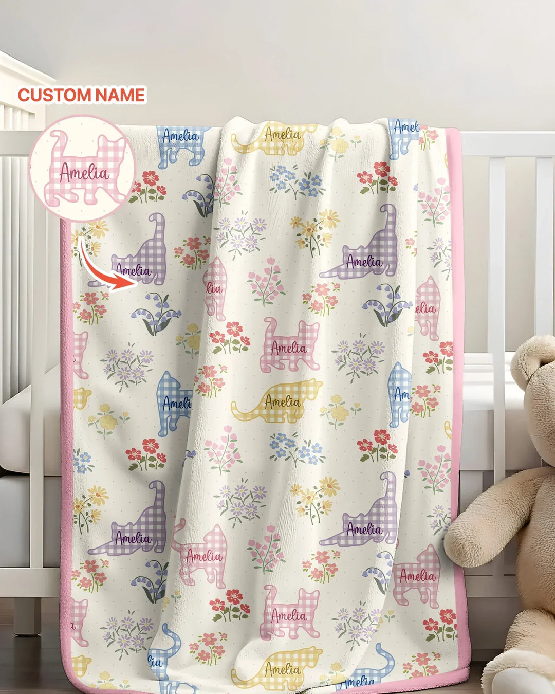 Manta de bambú Gingham Cats con nombre personalizado