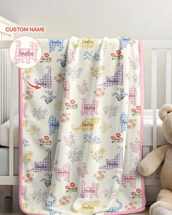 Manta de bambú Gingham Cats con nombre personalizado