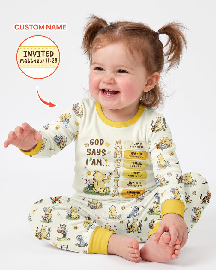 Personalized God Says I Am – Beloved Bear Bamboo Two Piece Long Sleeve Pajama Set