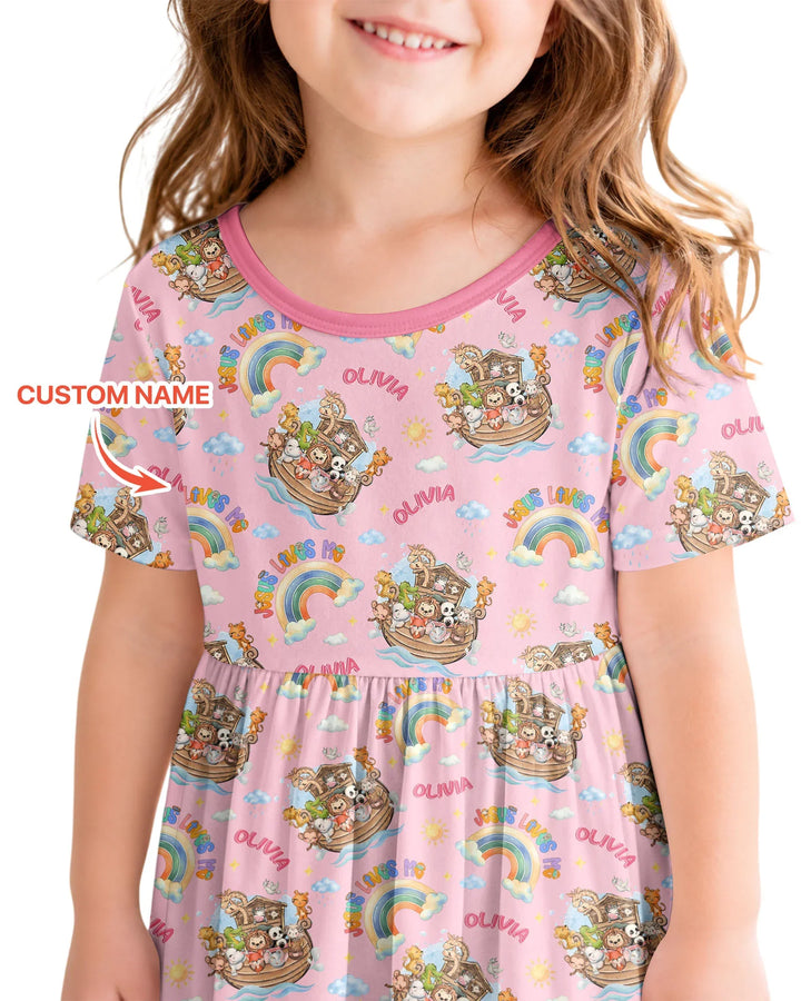 Custom Name Jesus Loves Me Noah's Ark Bamboo Twirl Dress