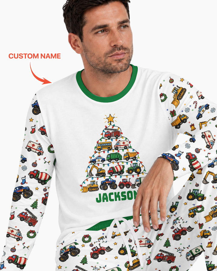Custom Name Little Trucks Christmas Tree Bamboo Men's Pajama Set