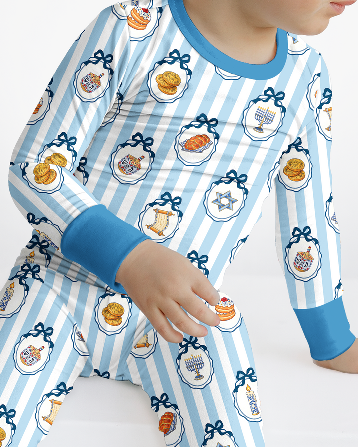 Blue White Jewish Holiday Bamboo Two Piece Long Sleeve Pajama Set