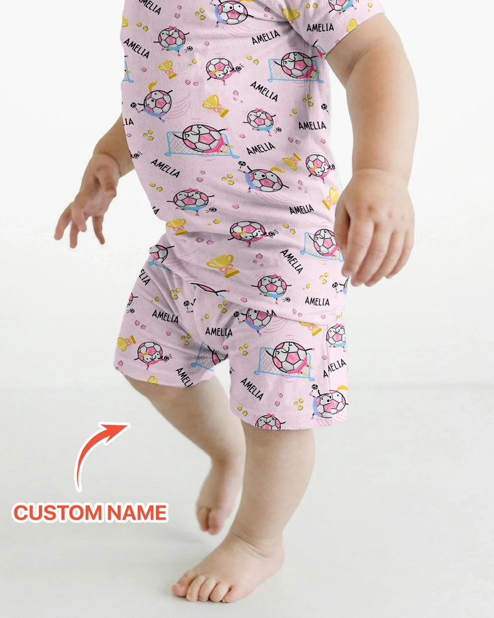 Conjunto de pijama de dos piezas de bambú a juego para papá futbolero, de manga corta y pantalones cortos, con nombre personalizado
