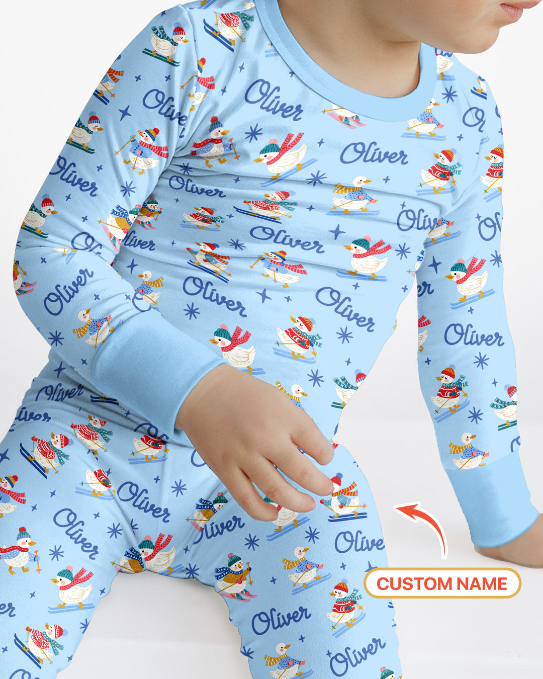 Custom Name Skiing Goose Bamboo Two Piece Long Sleeve Pajama Set