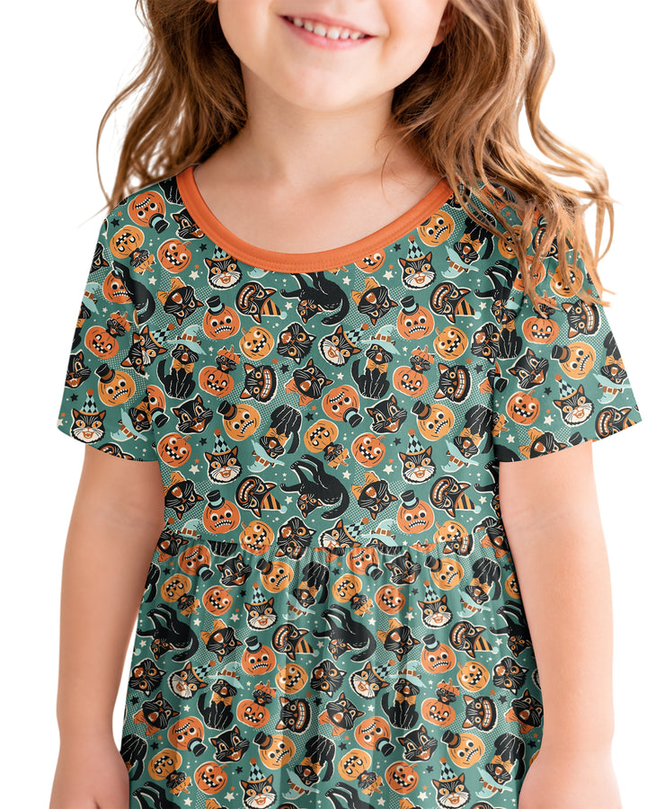 Retro Black Cat Witch Pumpkin Halloween Bamboo Twirl Dress