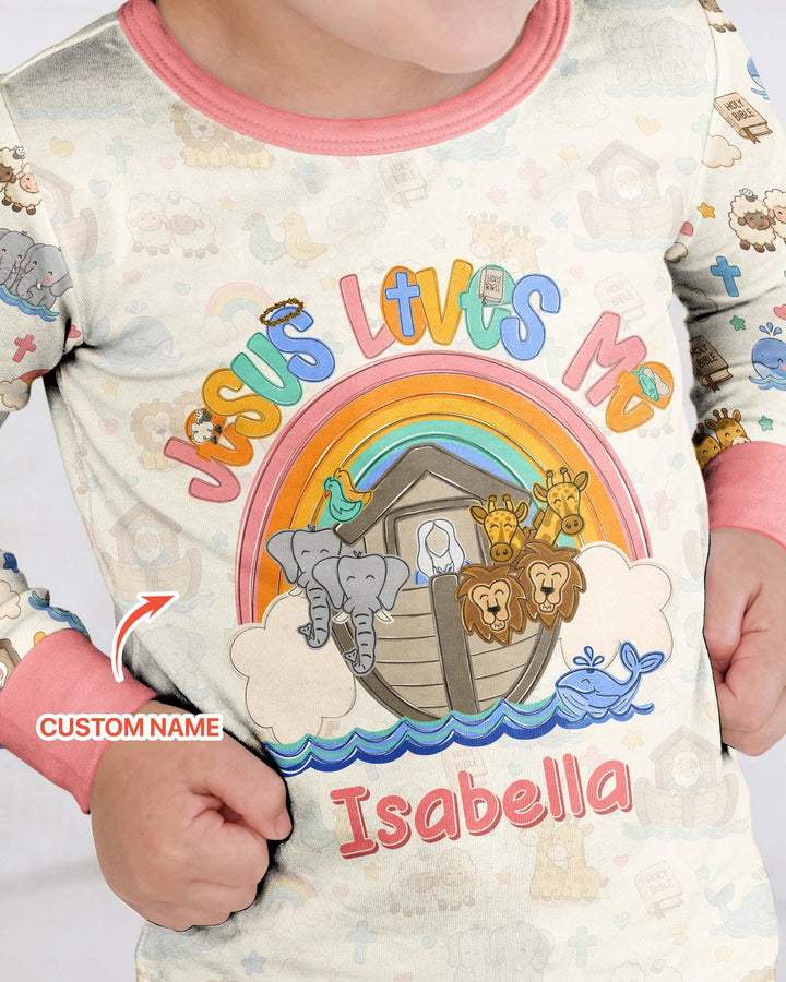 Custom Name Noah's Ark Jesus Loves Me Bamboo Two Piece Long Sleeve Pajama Set