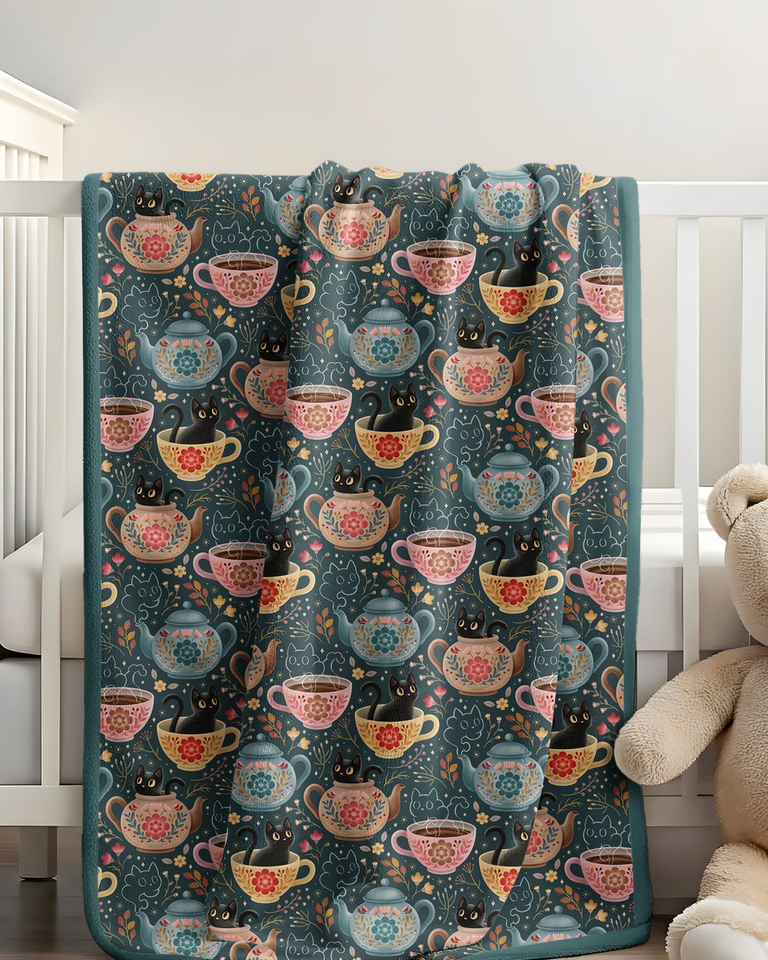 Folk Floral Black Cat Tea Party Bamboo Blanket