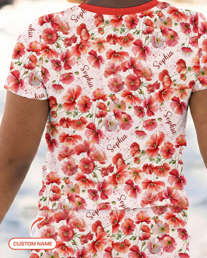 Custom Name Birth Month Flowers Bamboo Two Piece Short Sleeve Pajama Set
