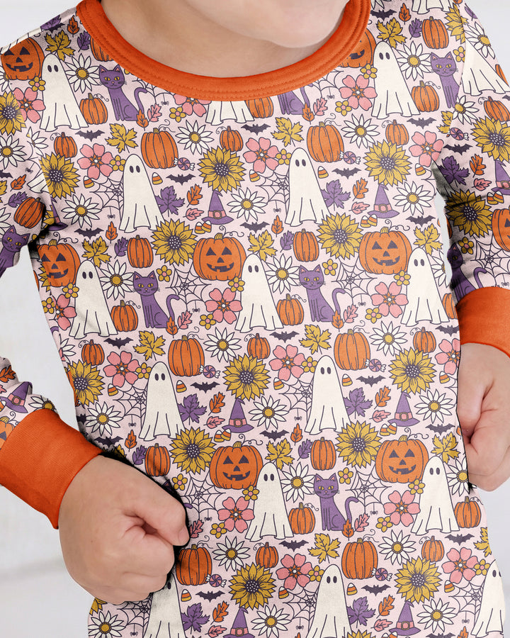 Ghost Pumpkin Fall Floral Halloween Bamboo Two Piece Long Sleeve Pajama Set