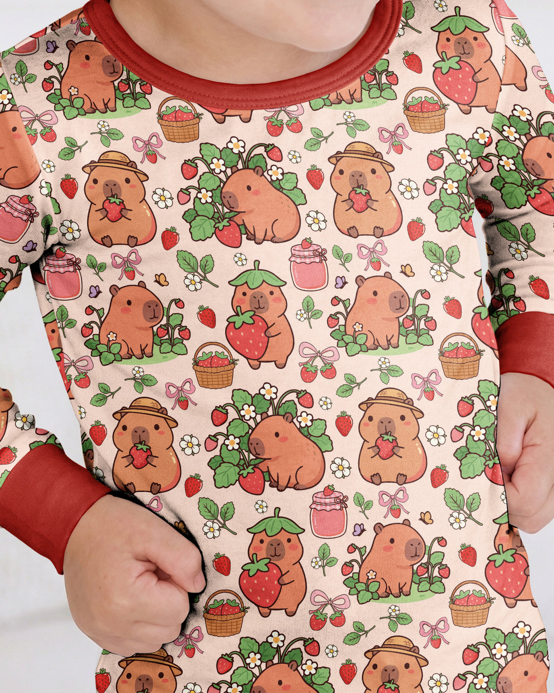 Capybara Strawberry Bamboo Two Piece Long Sleeve Pajama Set