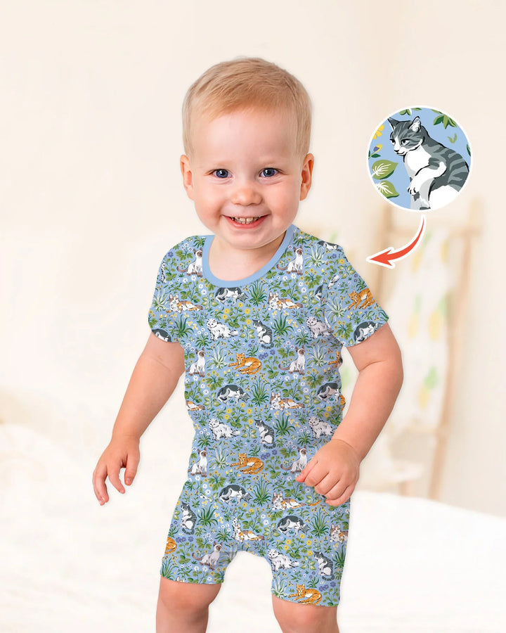 Pijama de dos piezas de bambú de manga corta y pantalón corto a juego para la familia de Kitten Garden