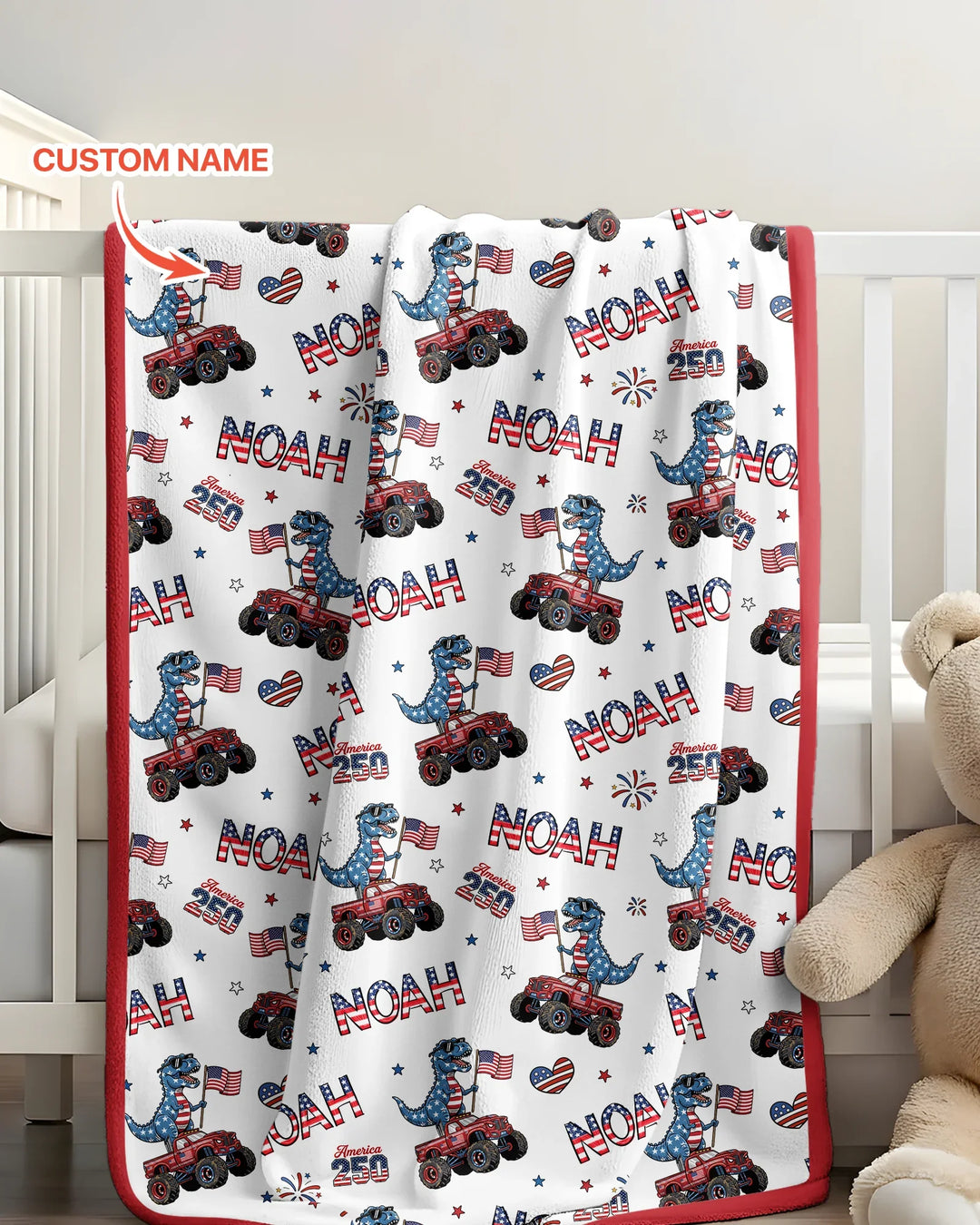 Custom Name American Flag Dinosaur Bamboo Blanket