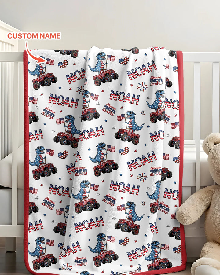 Custom Name American Flag Dinosaur Bamboo Blanket
