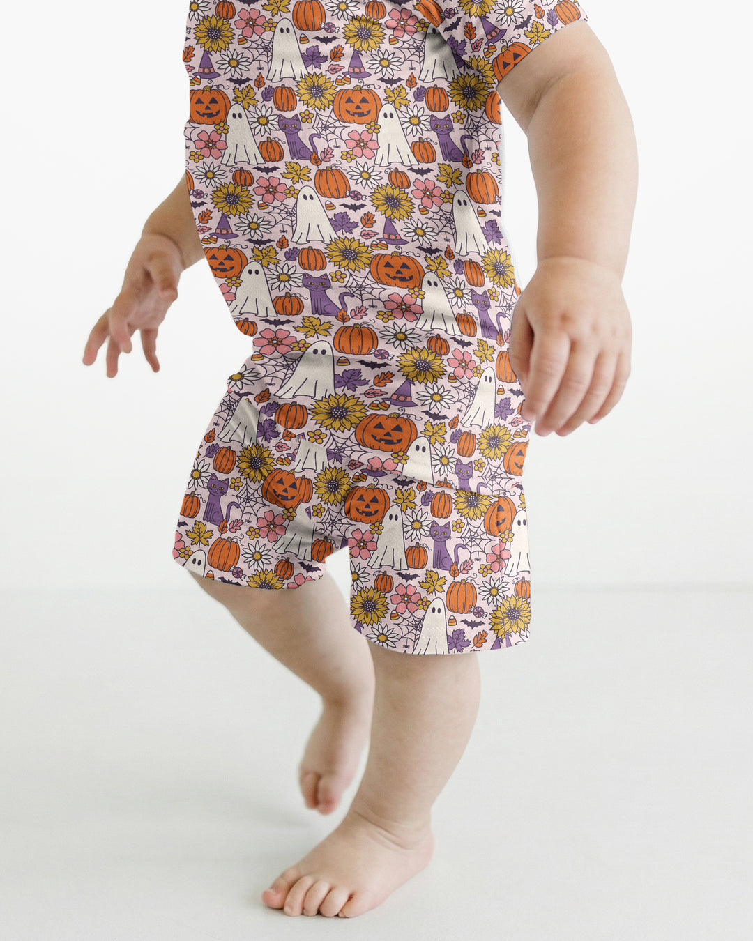 Ghost Pumpkin Fall Floral Halloween Bamboo Two Piece Short Sleeve Shorts Pajama Set