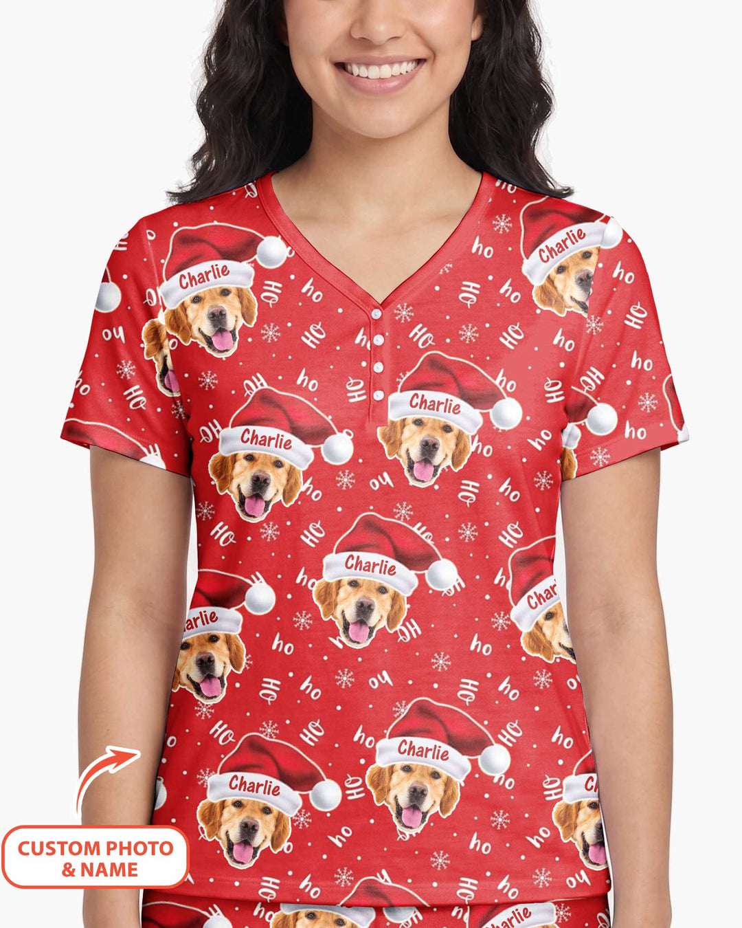Custom Dog Photo Santa Claus Bamboo Women Short Sleeve Short Pajama Set