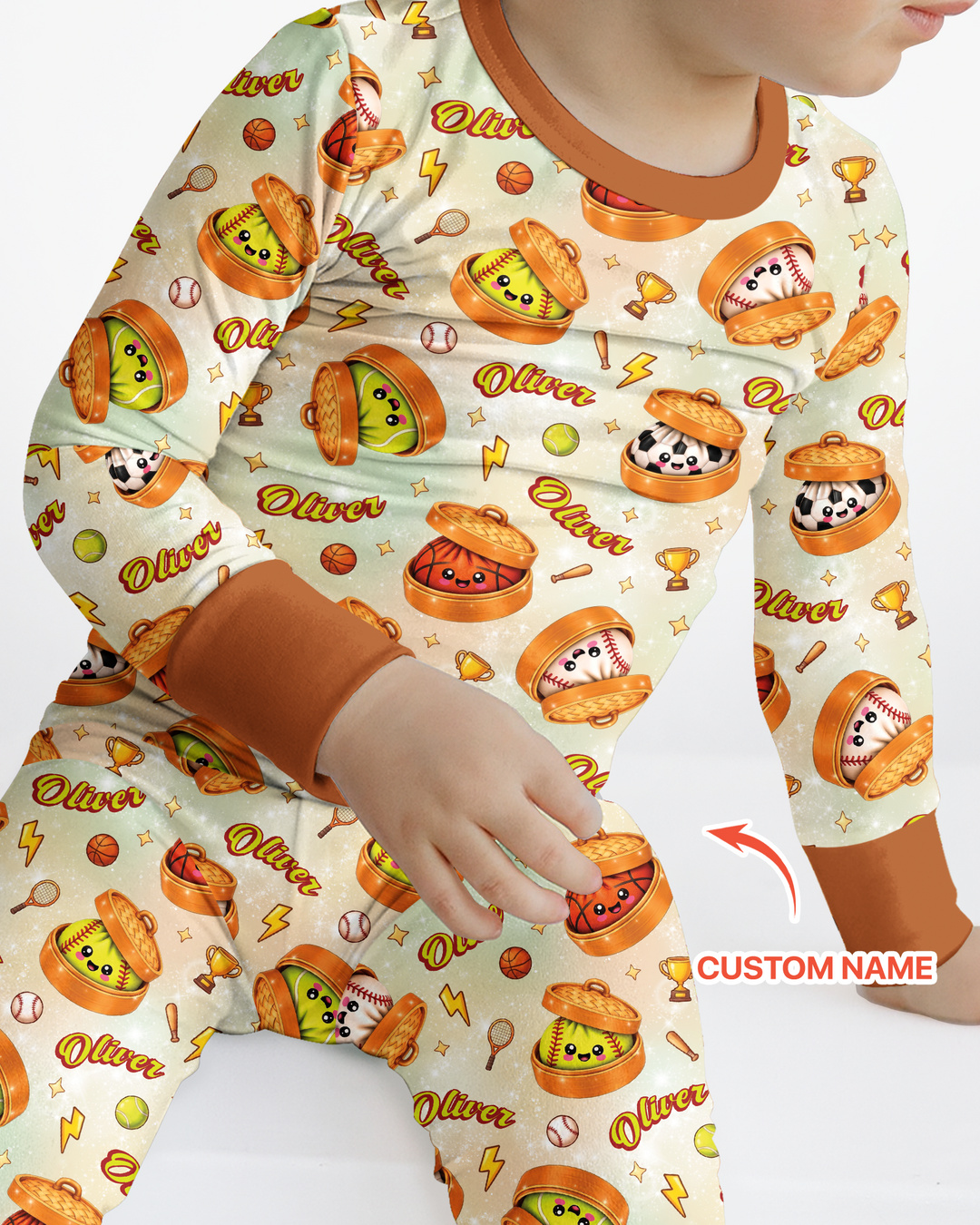 Custom Name Sports Dumpling Bamboo Two Piece Long Sleeve Pajama Set